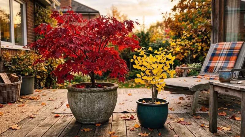 A cozy home patio filled with container-grown autumn trees, including a red Japanese Maple and a yellow Ginkgo in decorative pots.