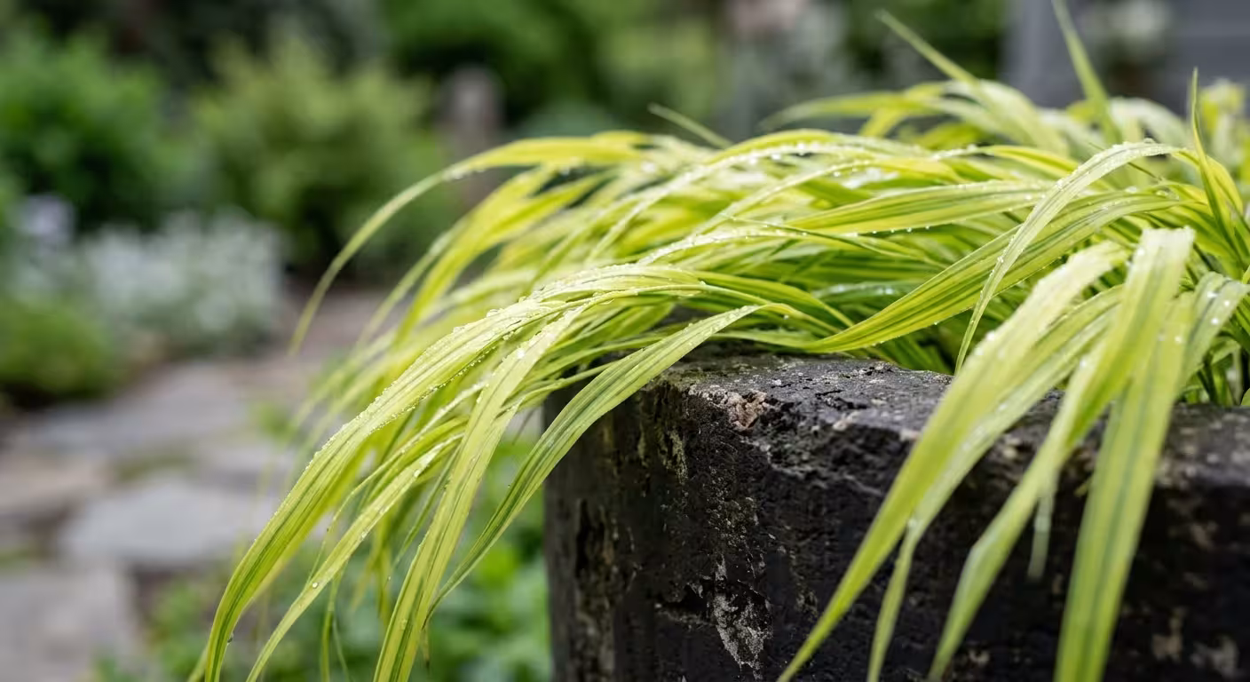 A detailed close-up shot of bright green and yellow striped Japanese Forest Grass cascading over a dark gray concrete planter.