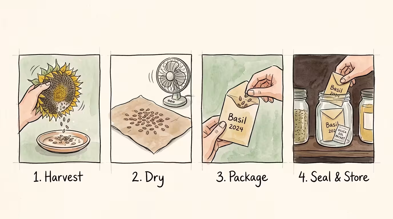A four-panel horizontal watercolor sketch showing the steps to harvest, dry, package, and store garden seeds.