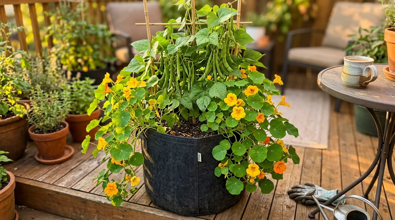 A horizontal photo of bush beans and yellow nasturtiums growing together in a dark gray fabric pot on a sunny wooden patio.