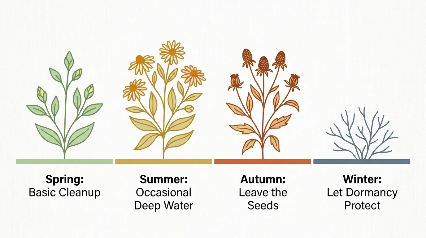 A horizontal seasonal timeline showing minimalist native plant maintenance tasks for spring, summer, autumn, and winter.