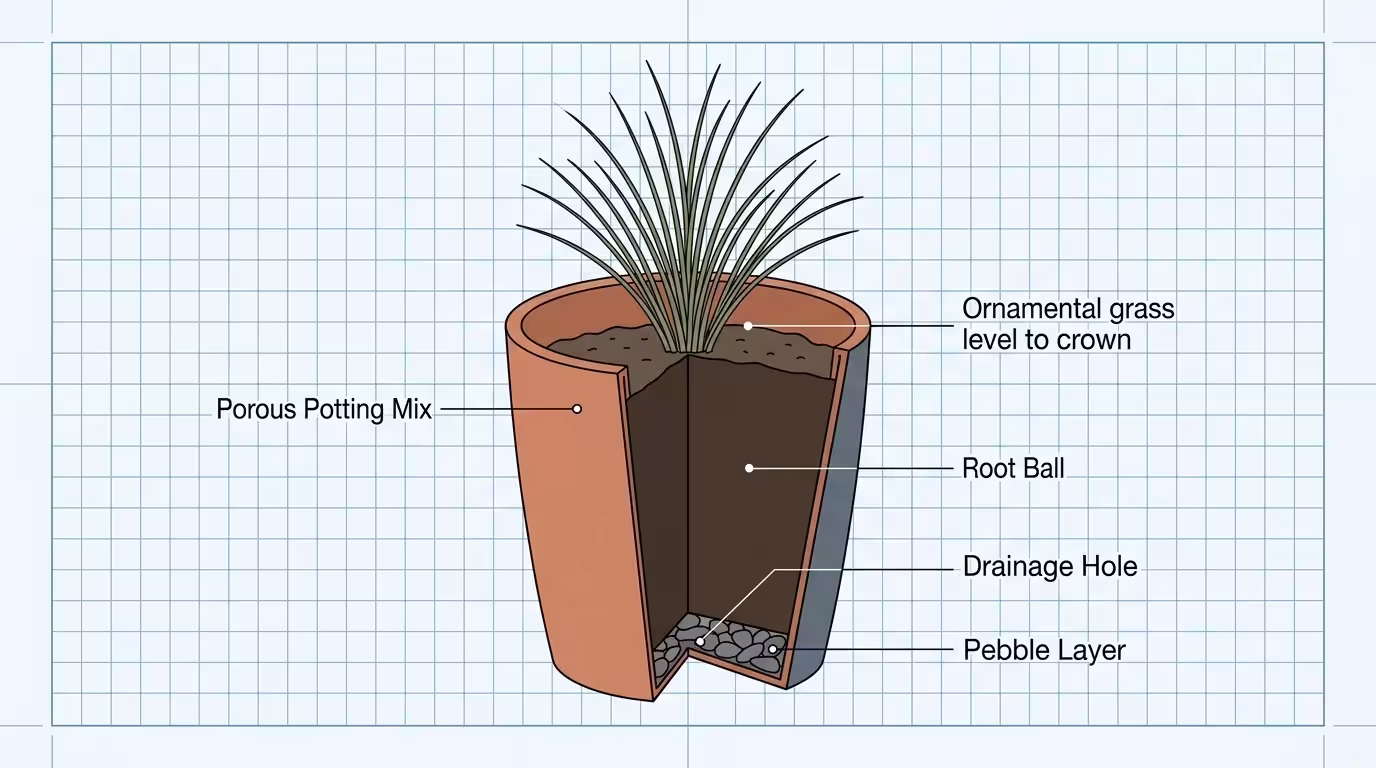 A labeled cross-section diagram of a potted plant showing the layers of soil, root ball, drainage hole, and pebbles inside.