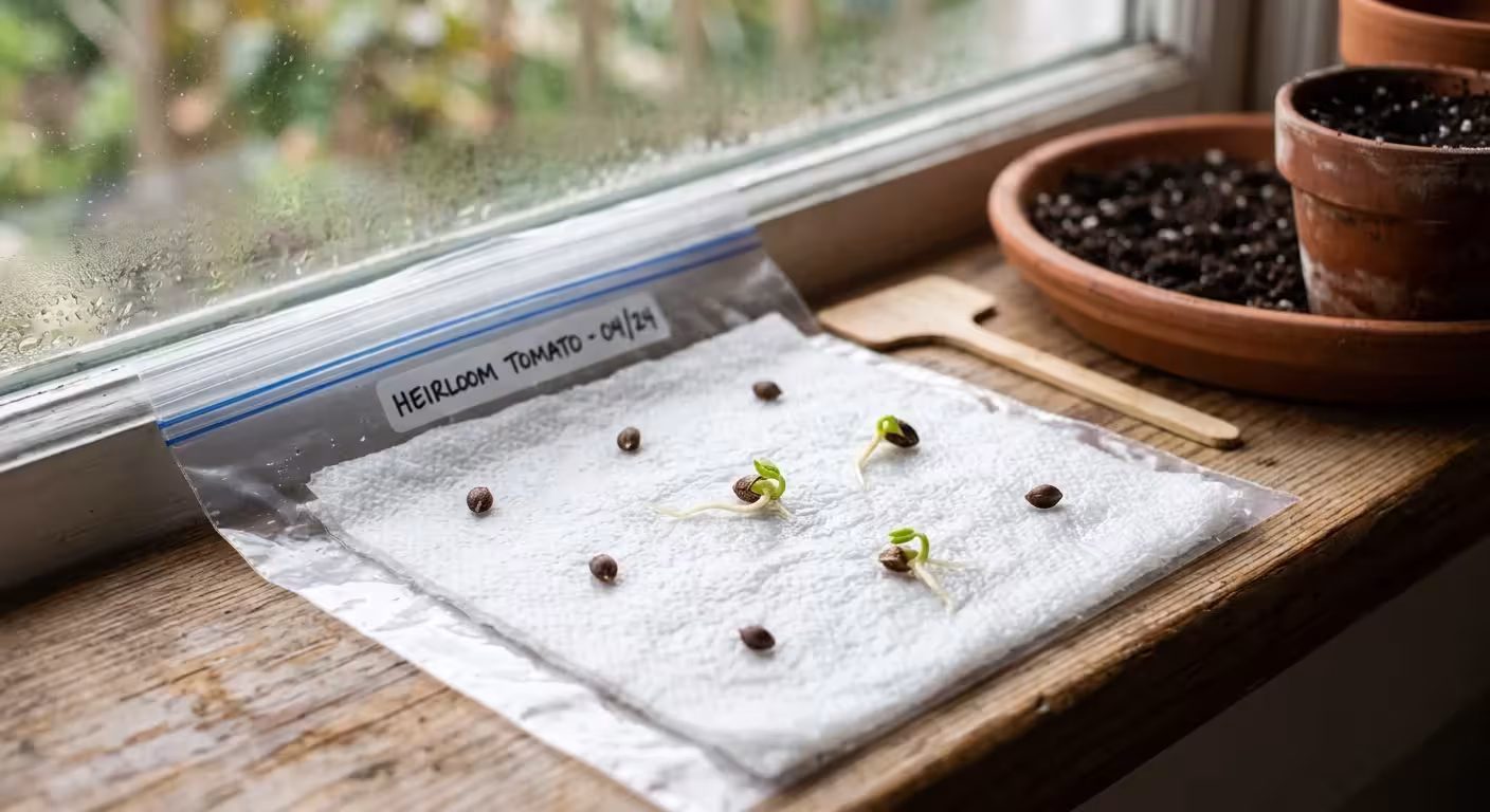 A macro photograph of sprouted heirloom seeds on a damp paper towel on a bright windowsill for a viability test.