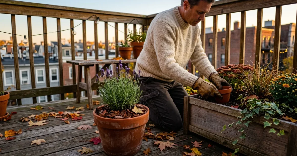 A person in a cozy sweater tends to terracotta potted plants on a small balcony garden during warm autumn golden hour.