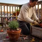 A person in a cozy sweater tends to terracotta potted plants on a small balcony garden during warm autumn golden hour.