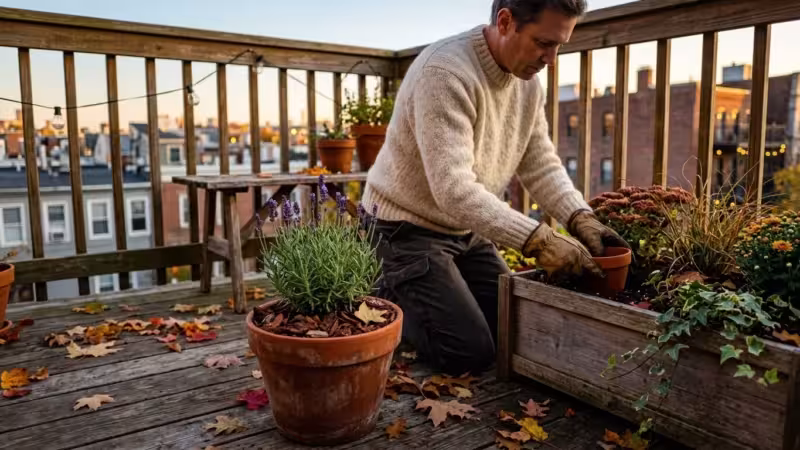 A person in a cozy sweater tends to terracotta potted plants on a small balcony garden during warm autumn golden hour.