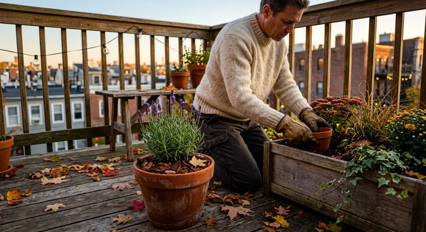 A person in a cozy sweater tends to terracotta potted plants on a small balcony garden during warm autumn golden hour.