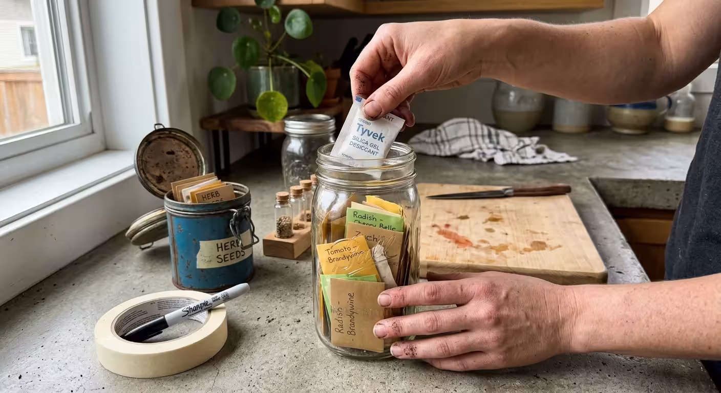 A person placing a silica gel pack into a mason jar full of seed envelopes on a concrete kitchen countertop.