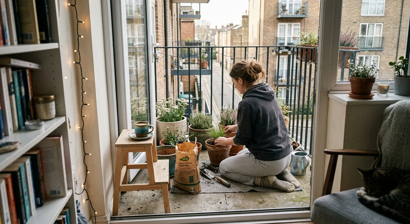 A person setting up potted plants on a small balcony, seen from inside an apartment in soft morning light.