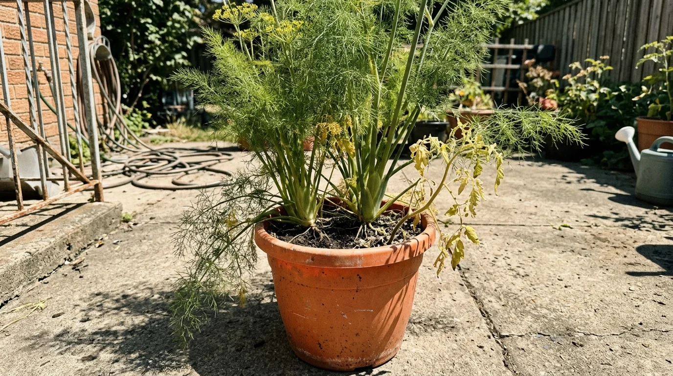 A photograph of an overcrowded pot where a large fennel plant has stunted and wilted a small tomato plant next to it.