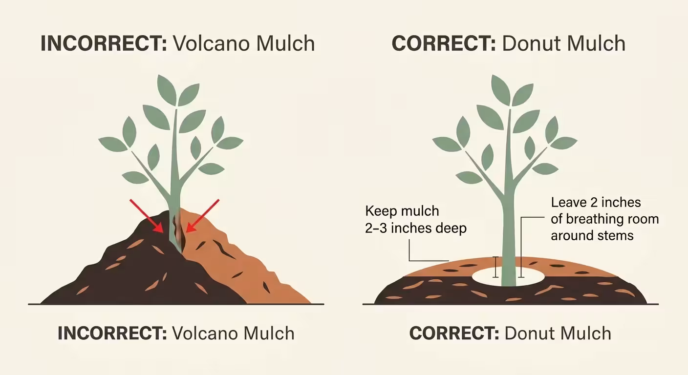 A side-by-side diagram contrasting incorrect volcano mulching with correct flat donut-style mulching.