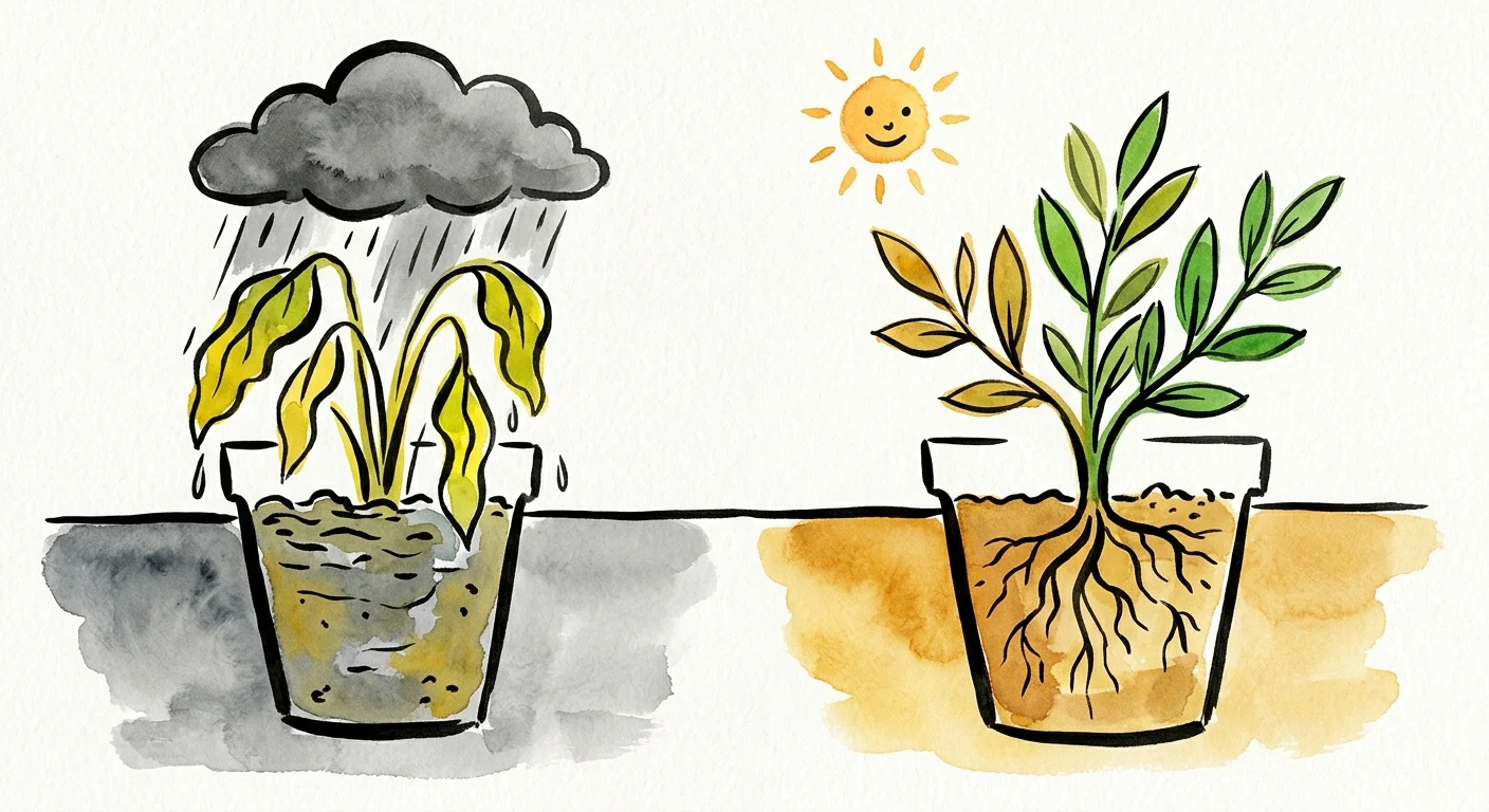 A split-screen illustration showing a sad, overwatered plant under a cloud versus a happy, thriving native plant in dry soil.
