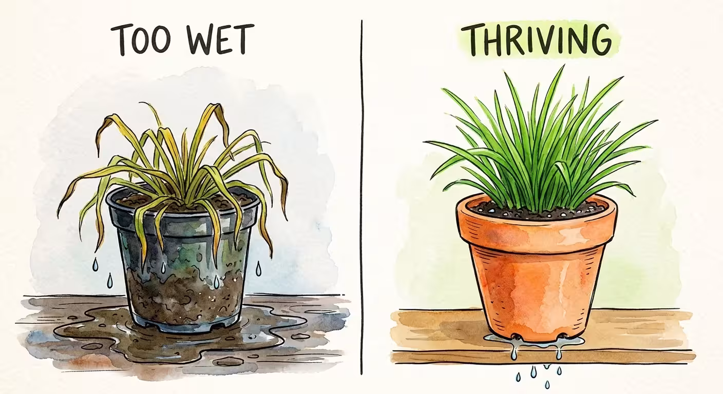 A split-screen watercolor illustration comparing a waterlogged, yellowing grass plant with a healthy, thriving potted grass plant.