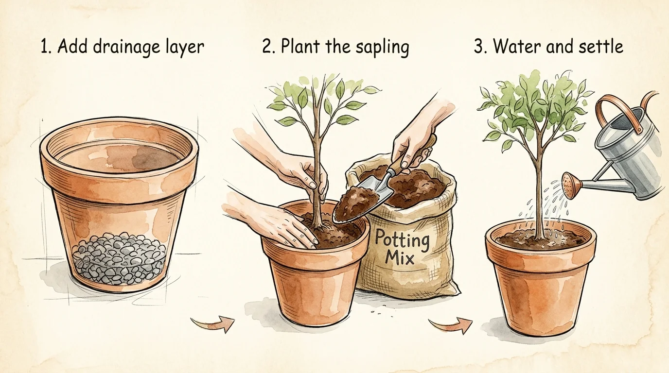 A step-by-step watercolor illustration showing how to plant a tree in a container, from adding gravel to potting and watering.