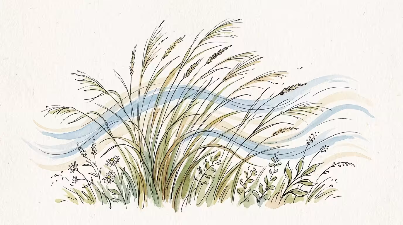 A stylized watercolor illustration showing wind currents flowing gracefully through delicate, bending blades of green grass.