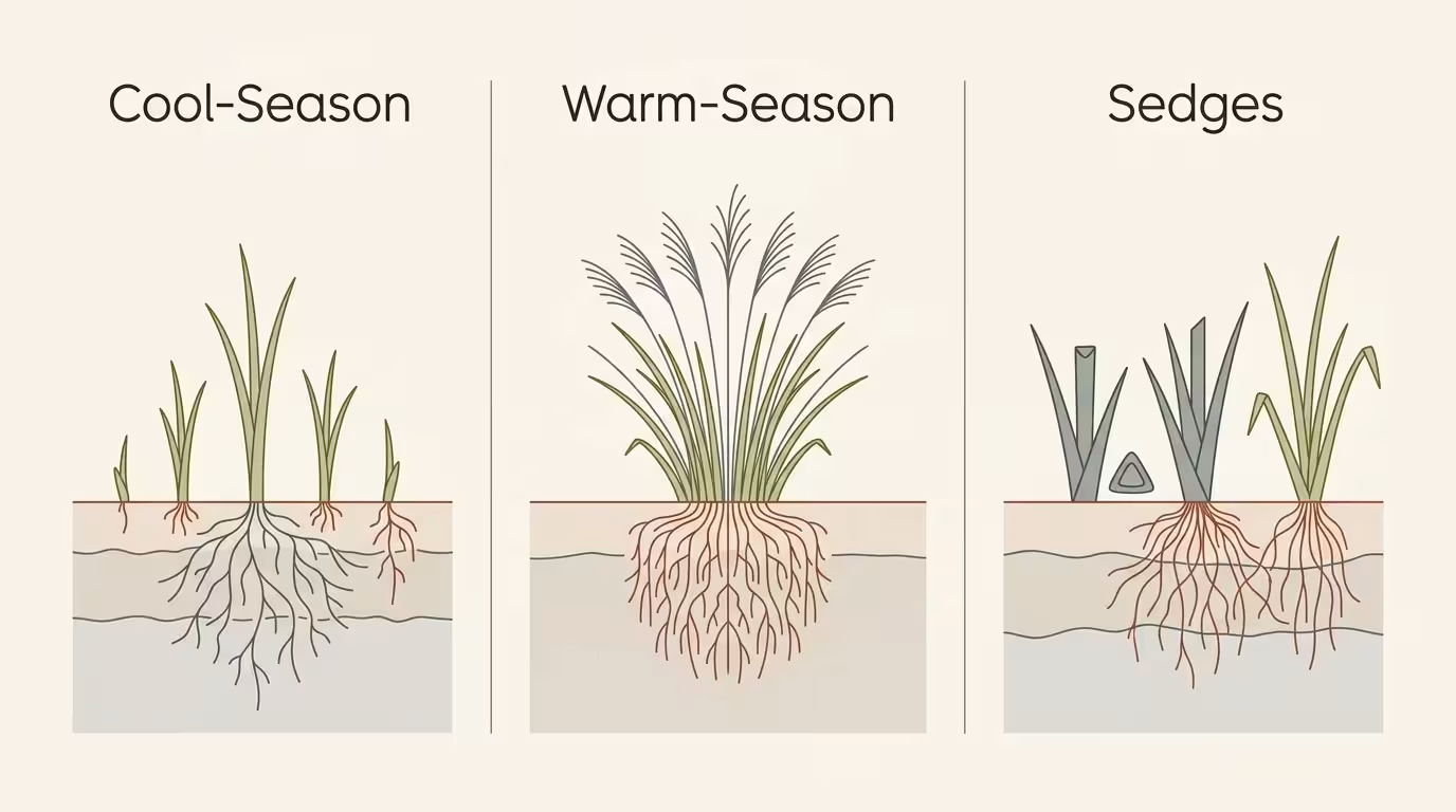 A three-panel botanical diagram comparing the root structures and growth forms of Cool-Season grasses, Warm-Season grasses, and Sedges.