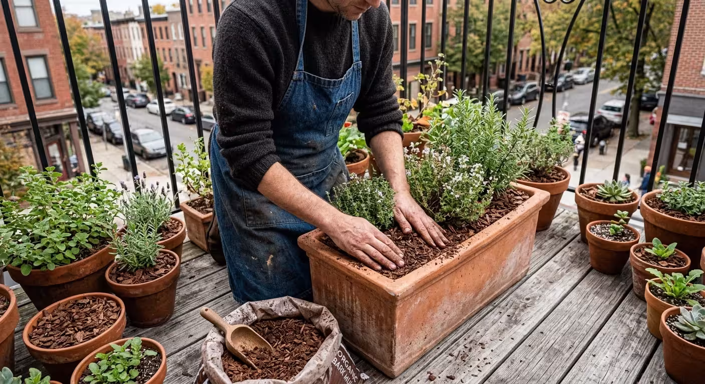 A top-down photo of a gardener applying fine bark mulch to potted plants on a small apartment balcony.