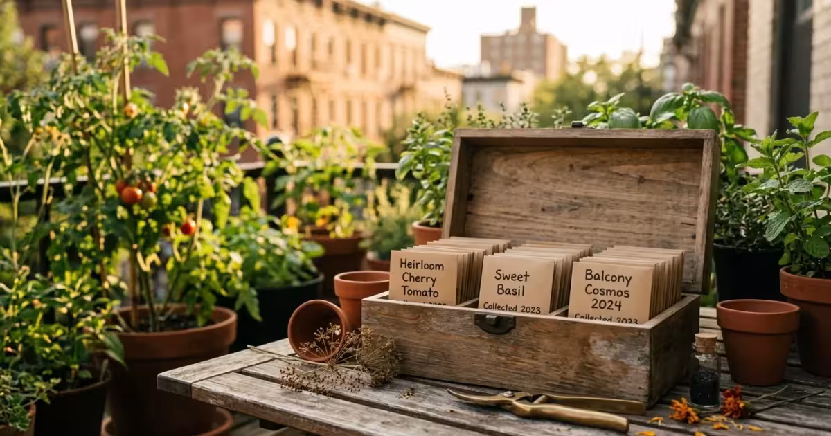 A vintage wooden seed organizer box filled with paper seed packets on a rustic balcony table during golden hour.
