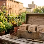 A vintage wooden seed organizer box filled with paper seed packets on a rustic balcony table during golden hour.