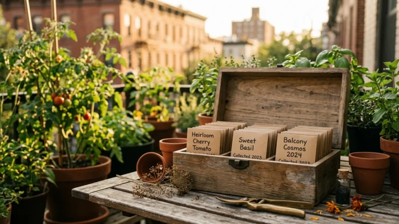 A vintage wooden seed organizer box filled with paper seed packets on a rustic balcony table during golden hour.
