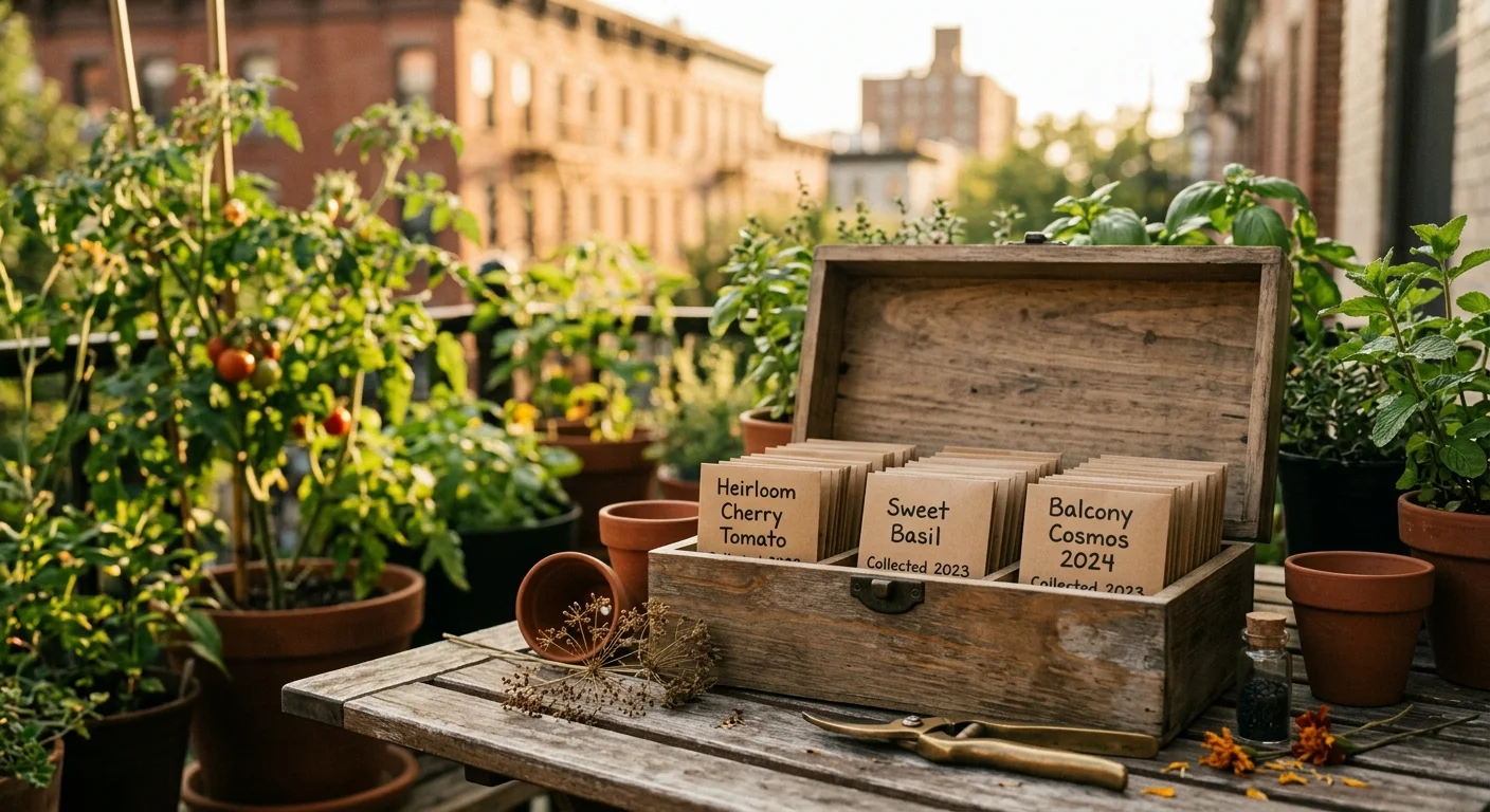 A vintage wooden seed organizer box filled with paper seed packets on a rustic balcony table during golden hour.