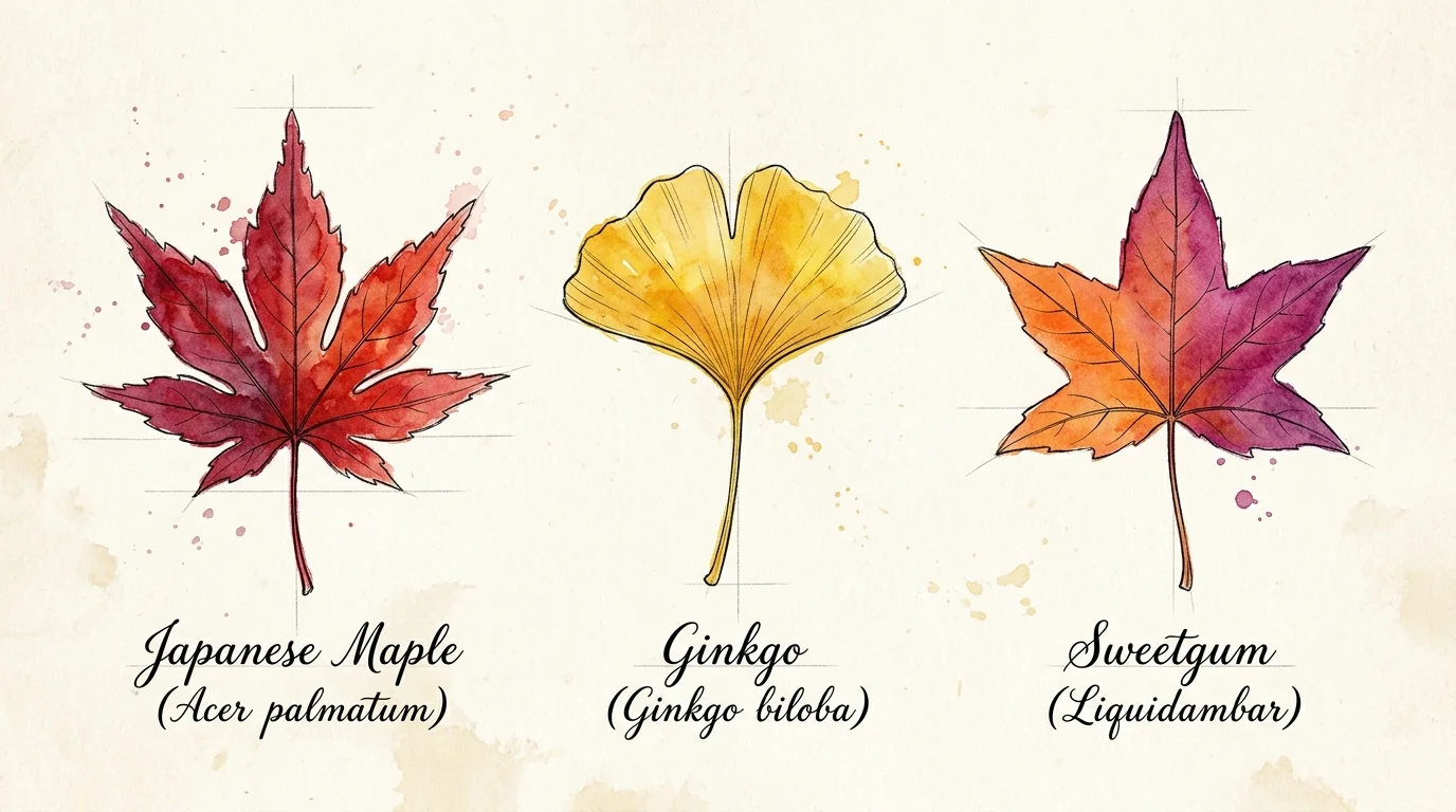 A watercolor and ink botanical illustration of three autumn leaves: a red Japanese Maple, a yellow Ginkgo, and an orange-purple Sweetgum.