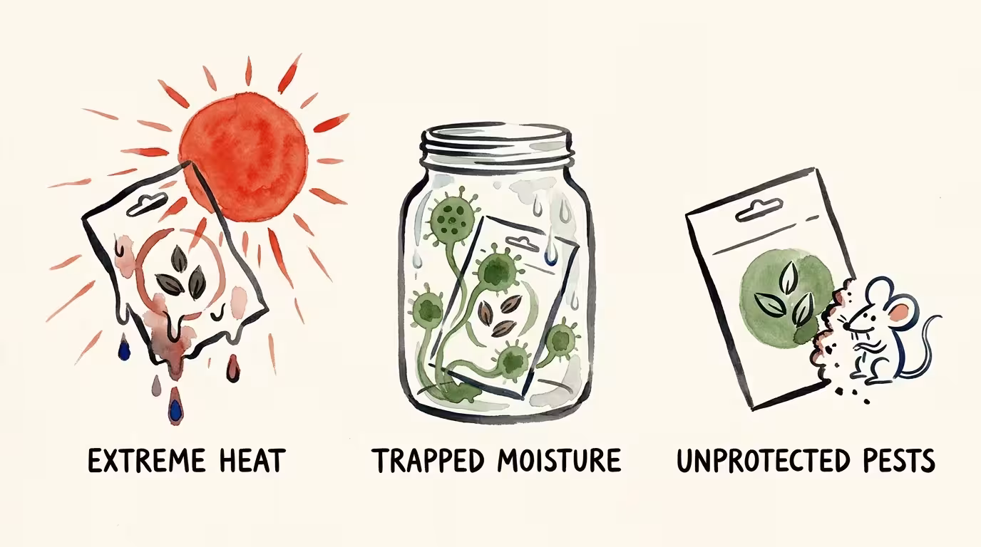 A watercolor editorial illustration depicting the dangers of heat, moisture, and pests on stored seeds.
