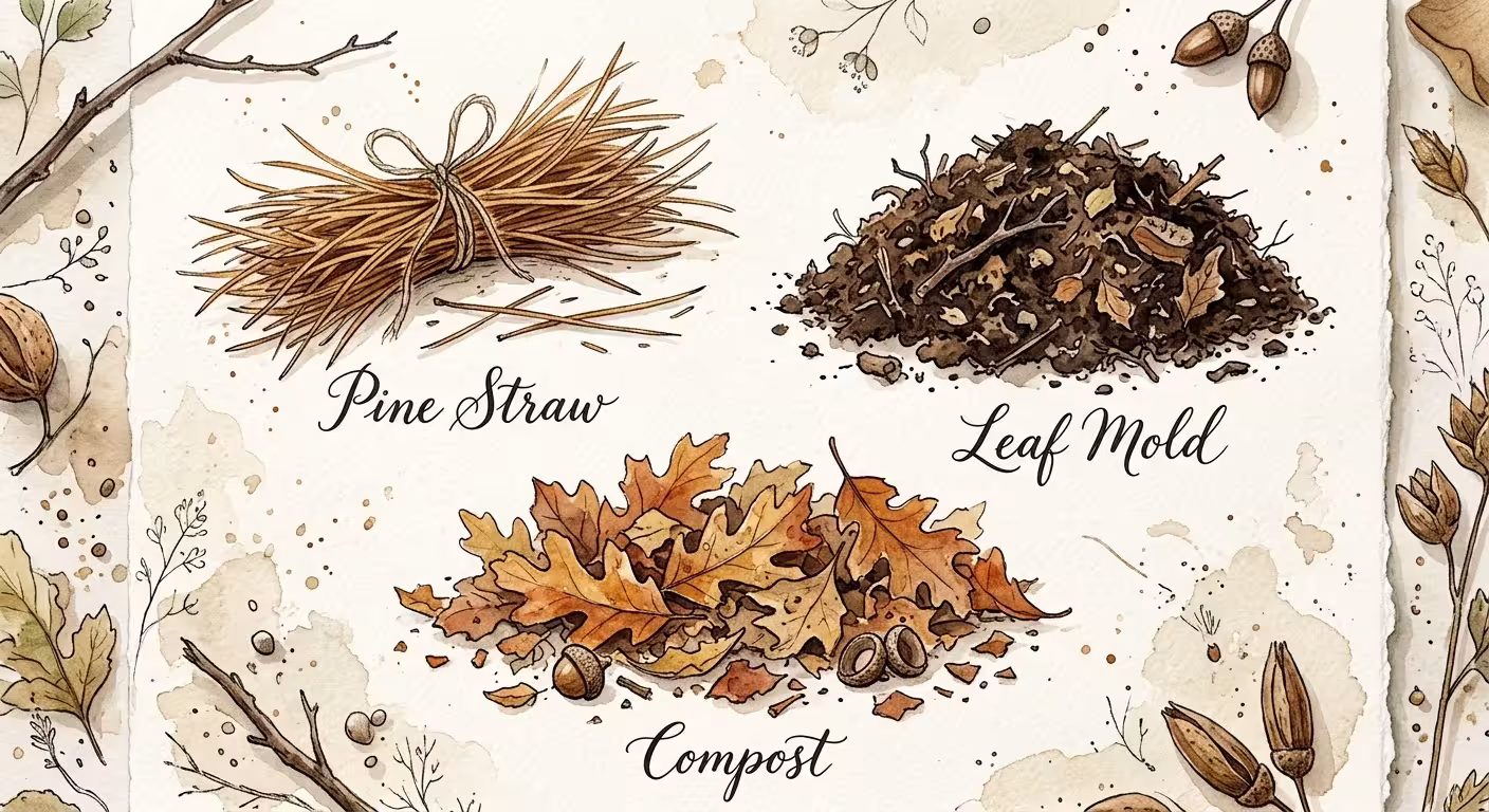 A watercolor flat-lay illustration of eco-friendly mulches like pine straw, leaf mold, and compost with hand-drawn labels.