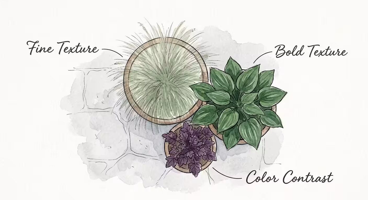 A watercolor garden design plan showing how to pair fine-textured grasses with broad-leaved plants for high contrast.