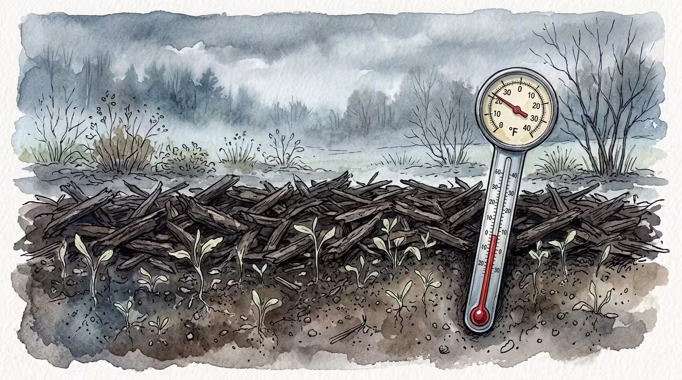 An artistic watercolor illustration of weeds sprouting under mulch in cold, damp early spring soil.