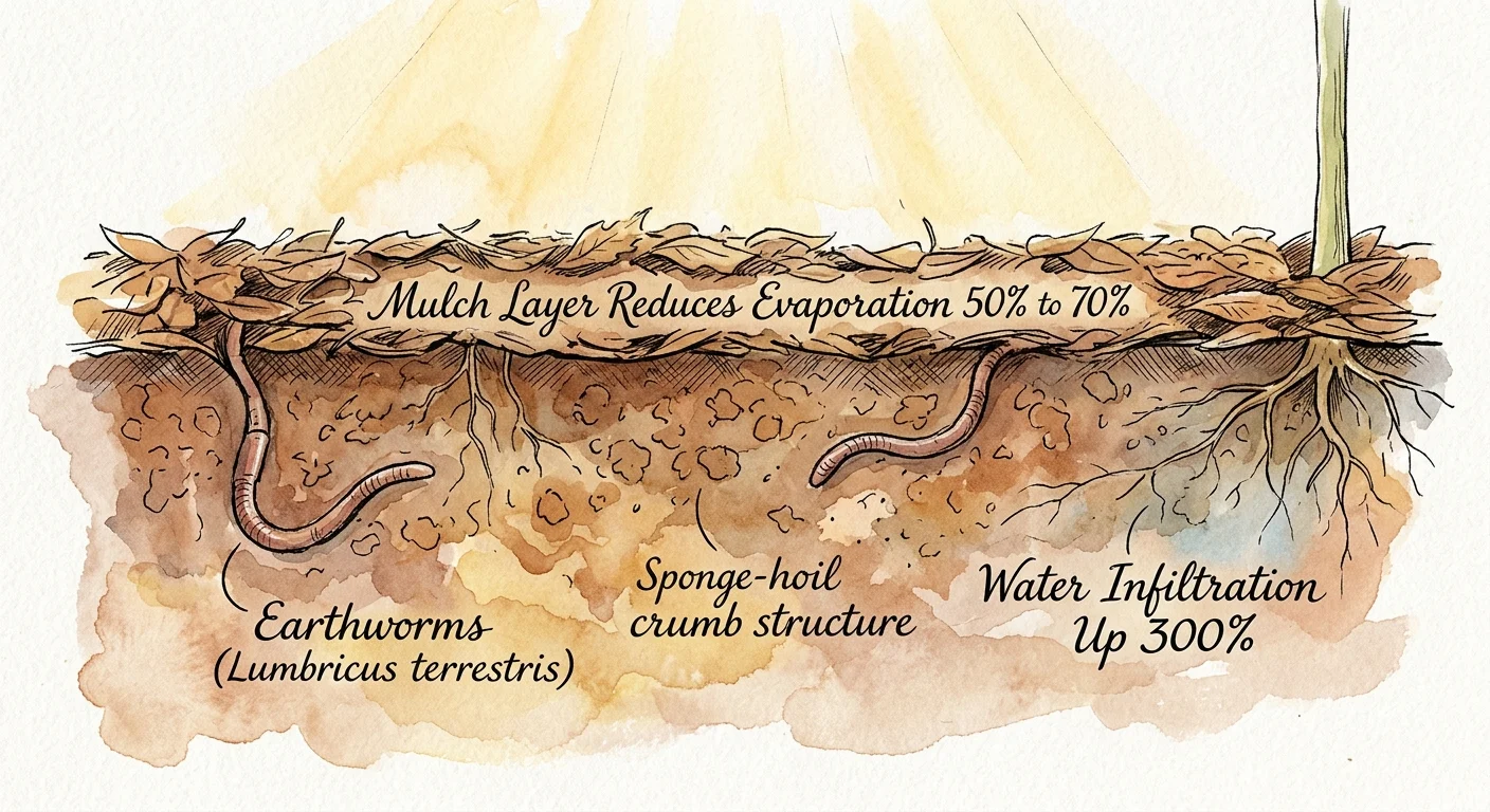 An illustration showing a soil cross-section with a mulch layer, roots, earthworms, and hand-written science facts.