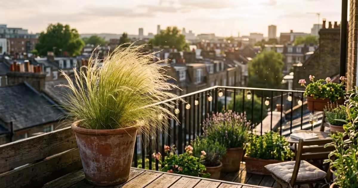 An ornamental grass plant in a terracotta pot sways in the wind on a sun-drenched apartment balcony during golden hour.