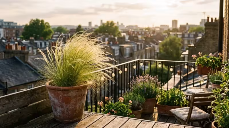 An ornamental grass plant in a terracotta pot sways in the wind on a sun-drenched apartment balcony during golden hour.