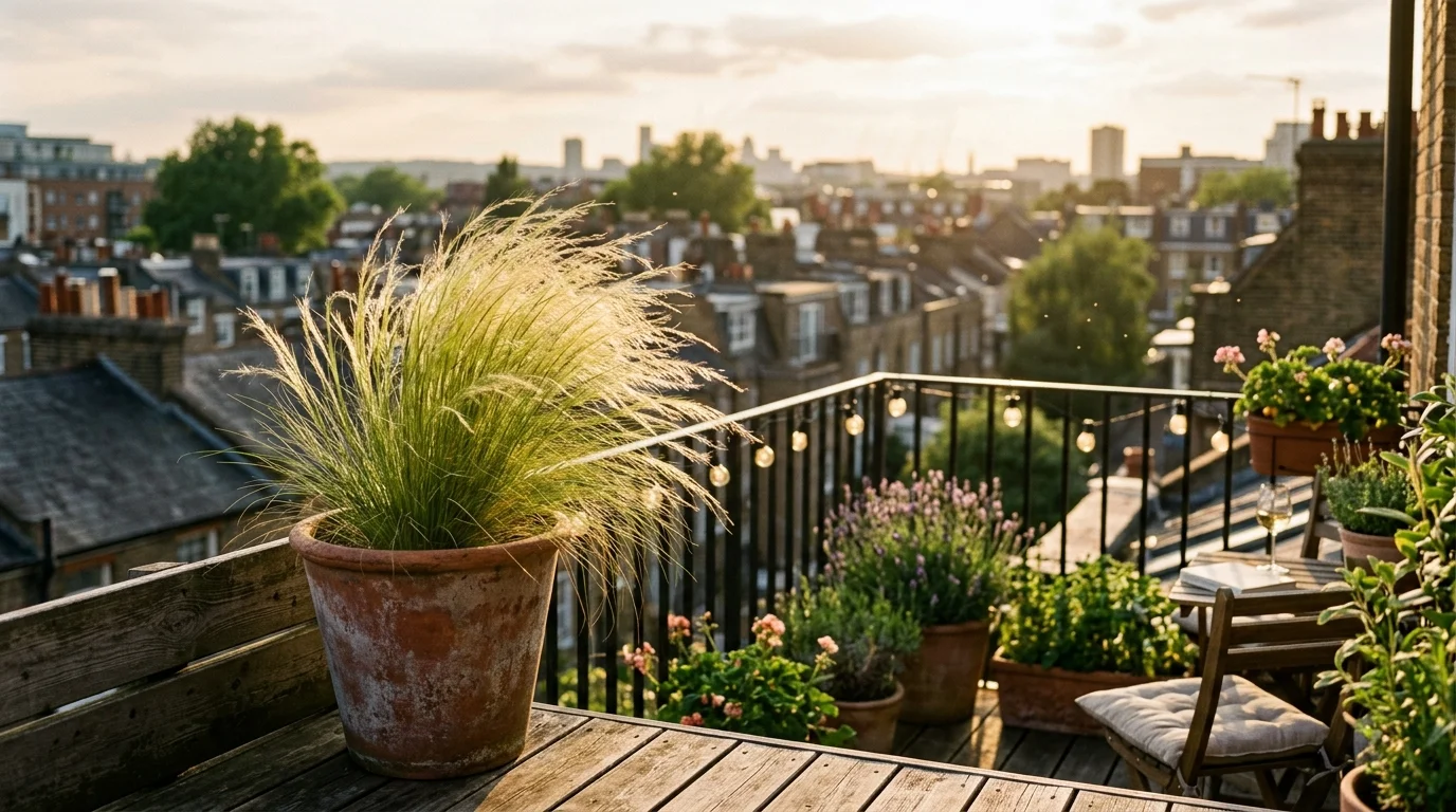 An ornamental grass plant in a terracotta pot sways in the wind on a sun-drenched apartment balcony during golden hour.