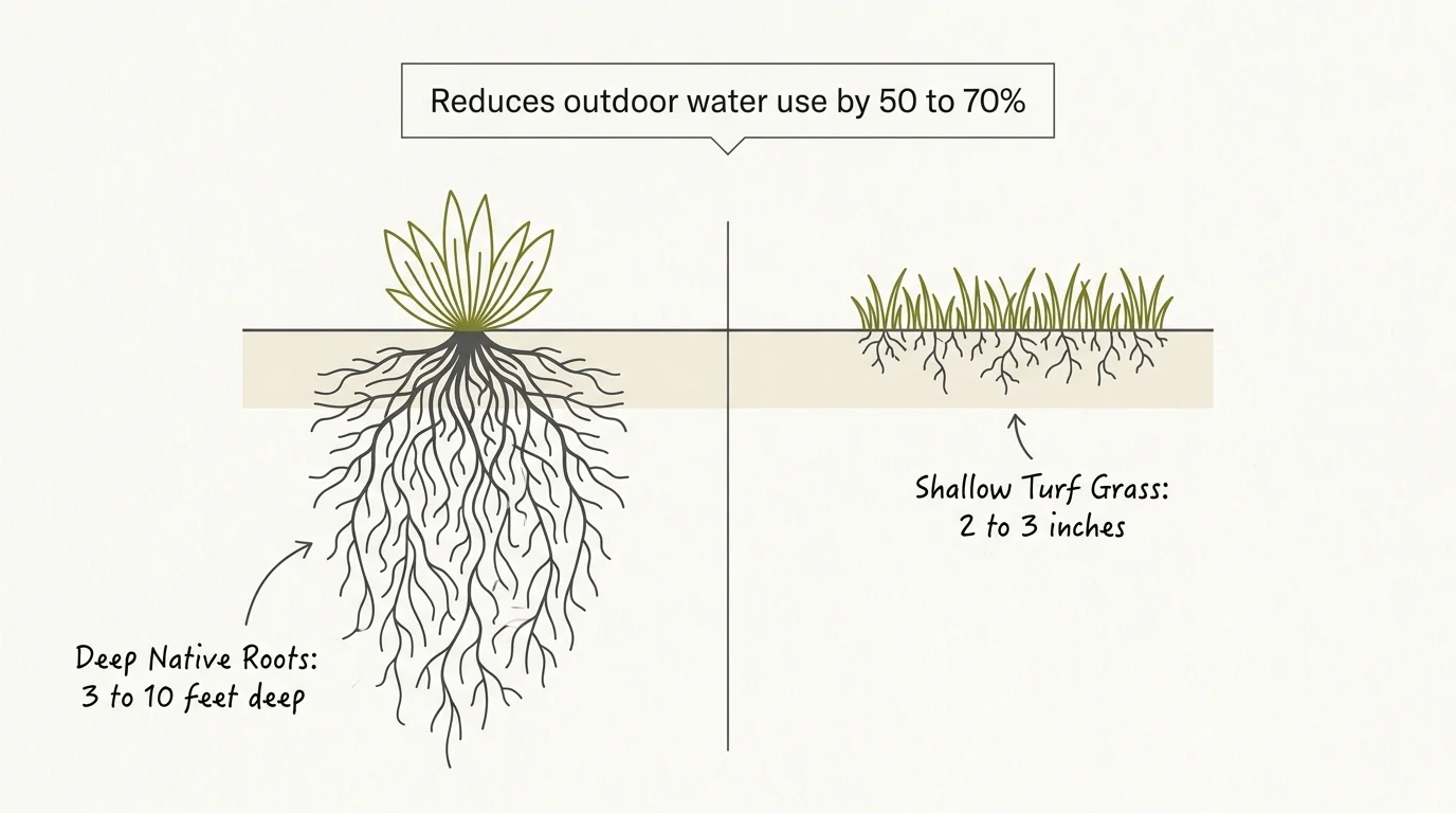 Anatomical botanical diagram comparing deep 3-to-10-foot native roots to shallow non-native roots, showing water-saving benefits.