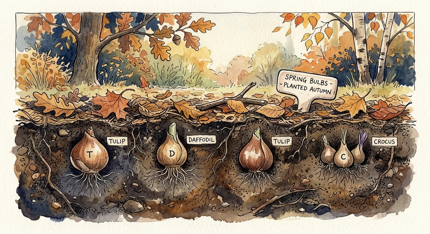 Botanical watercolor illustration of spring flower bulbs tucked deep into autumn soil, waiting for spring.