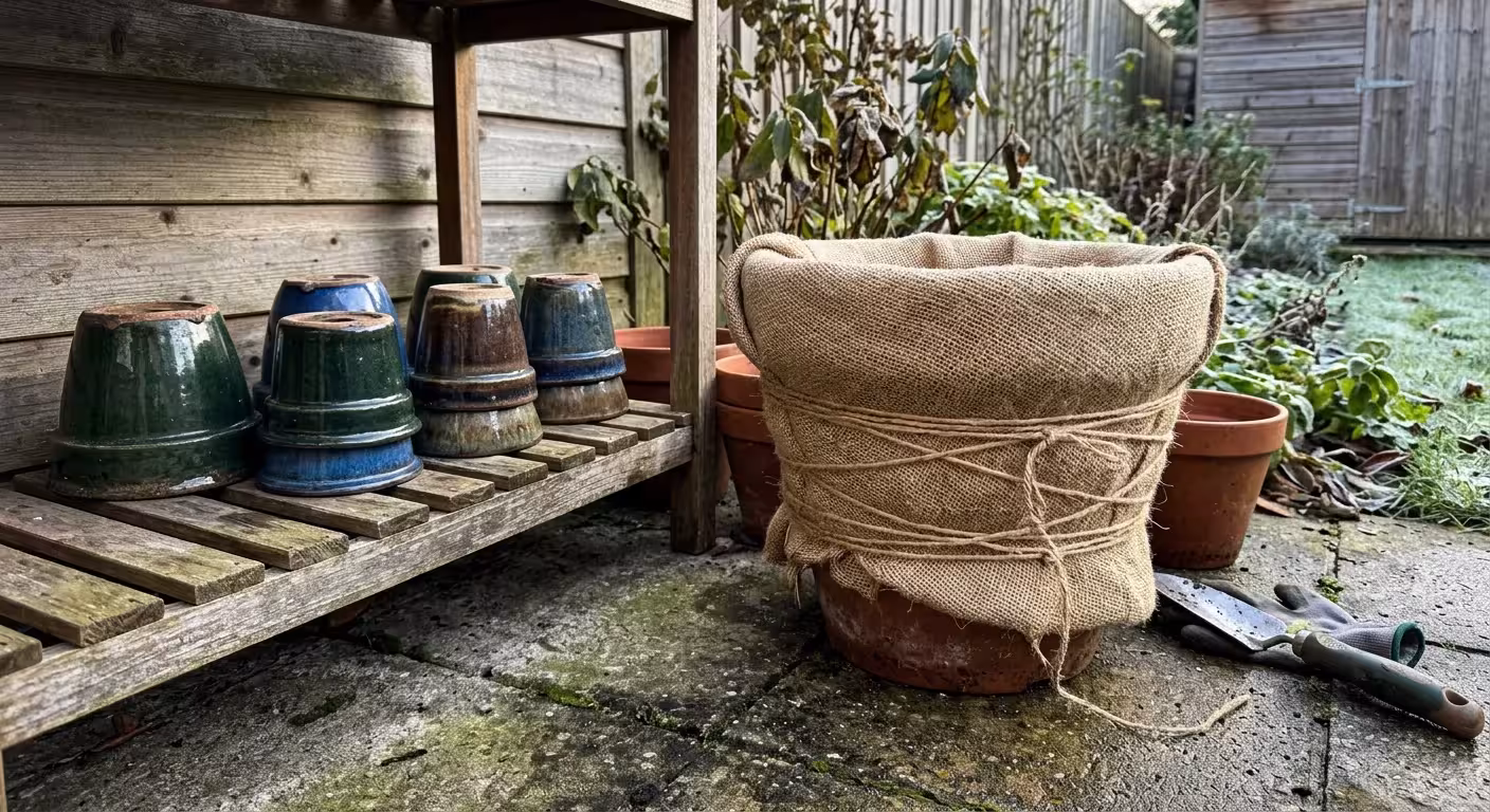 Clay garden pots wrapped in protective burlap and stacked upside down on a patio shelf for winter protection.