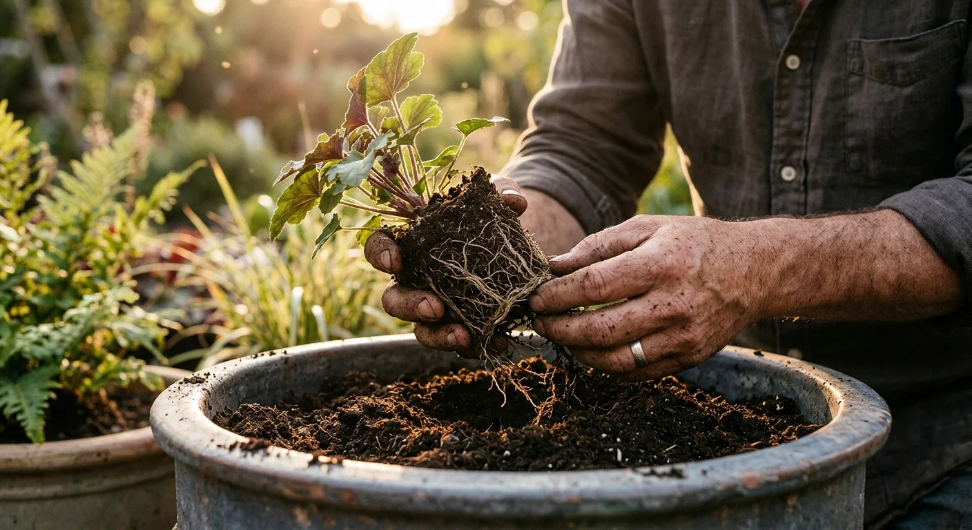 Close-up of hands gently potting a native plant, showing the roots and rich soil in warm afternoon sun.