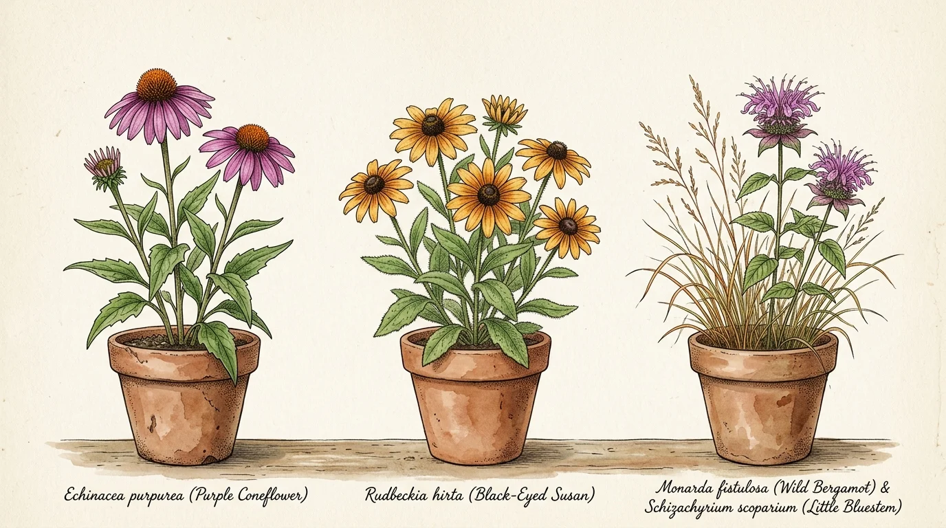Detailed botanical watercolor illustration of three native potted plants, including coneflower and black-eyed Susan.