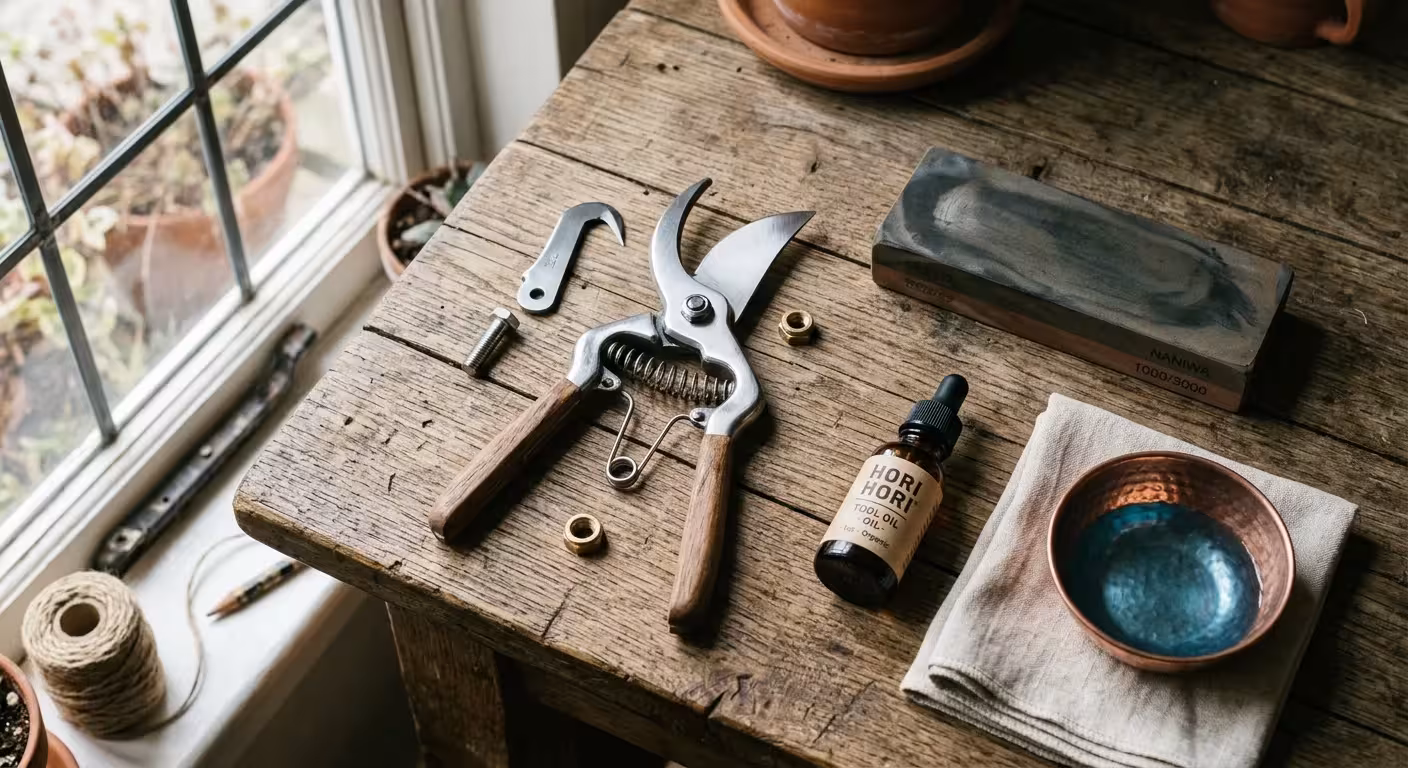 Flat-lay photograph of disassembled pruning shears, a whetstone, tool oil, and a cleaning cloth on a wooden workbench.