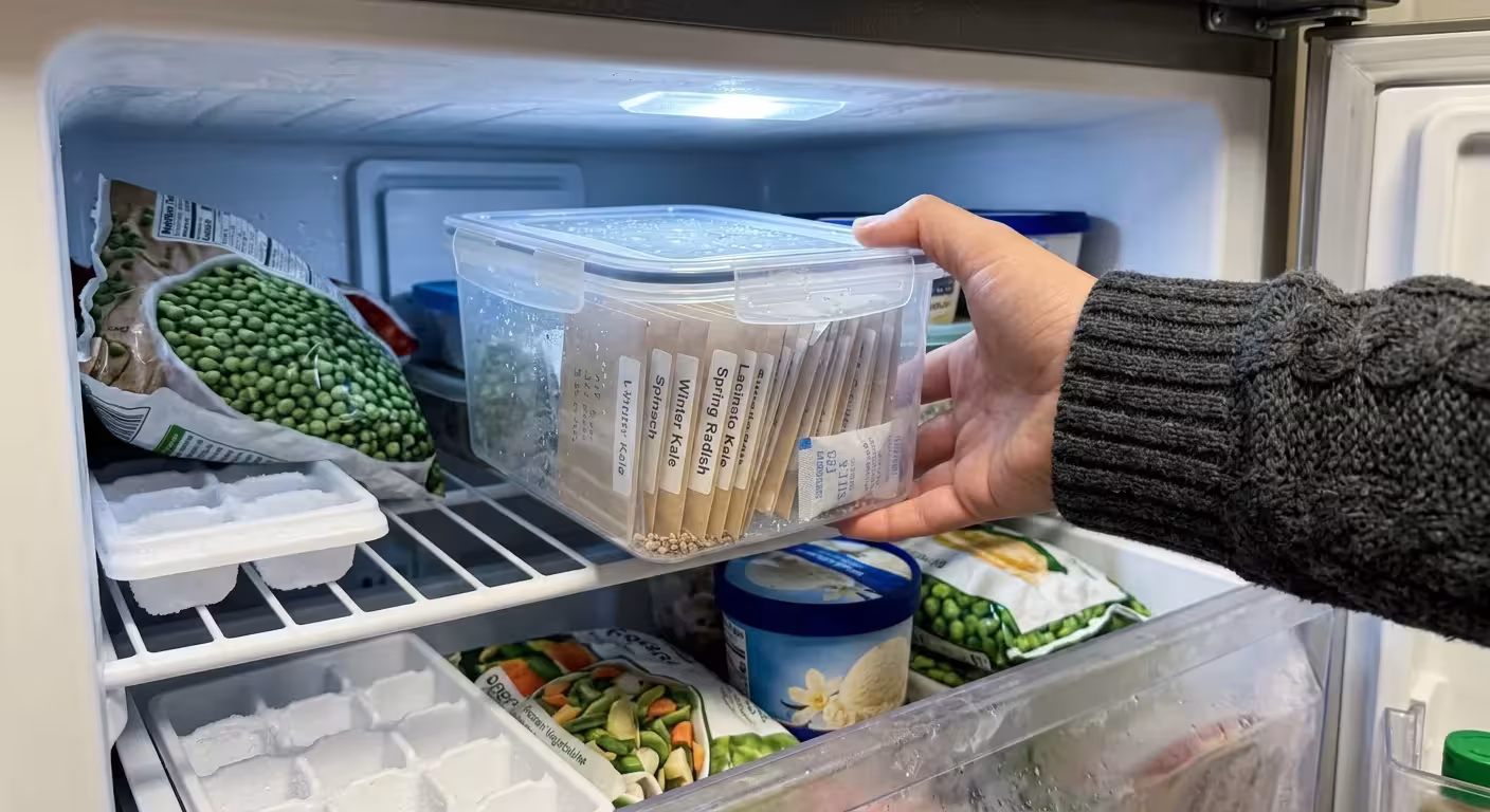 Hands placing a sealed container of seed packets into a household freezer next to a bag of frozen peas.