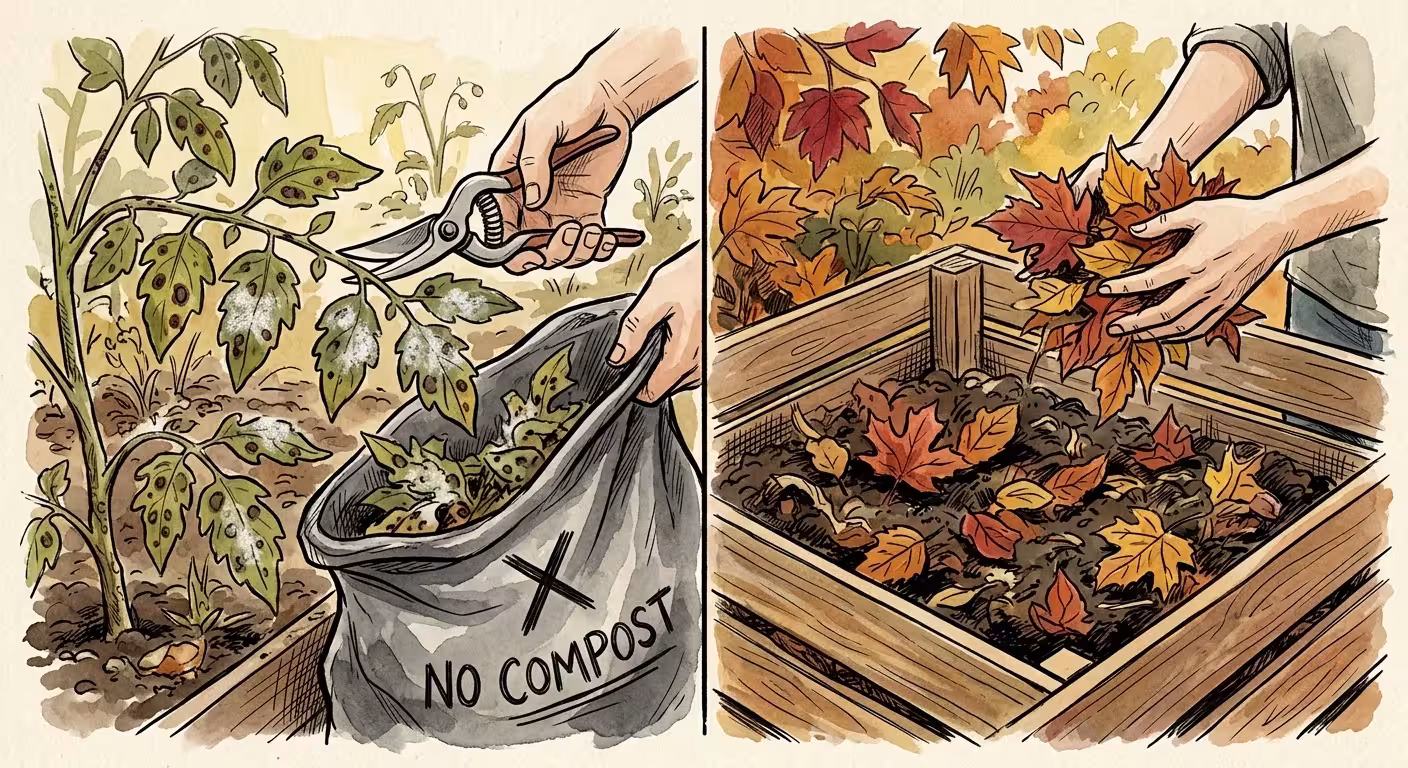Illustration comparing diseased leaves being discarded in trash versus healthy leaves going into a compost bin.