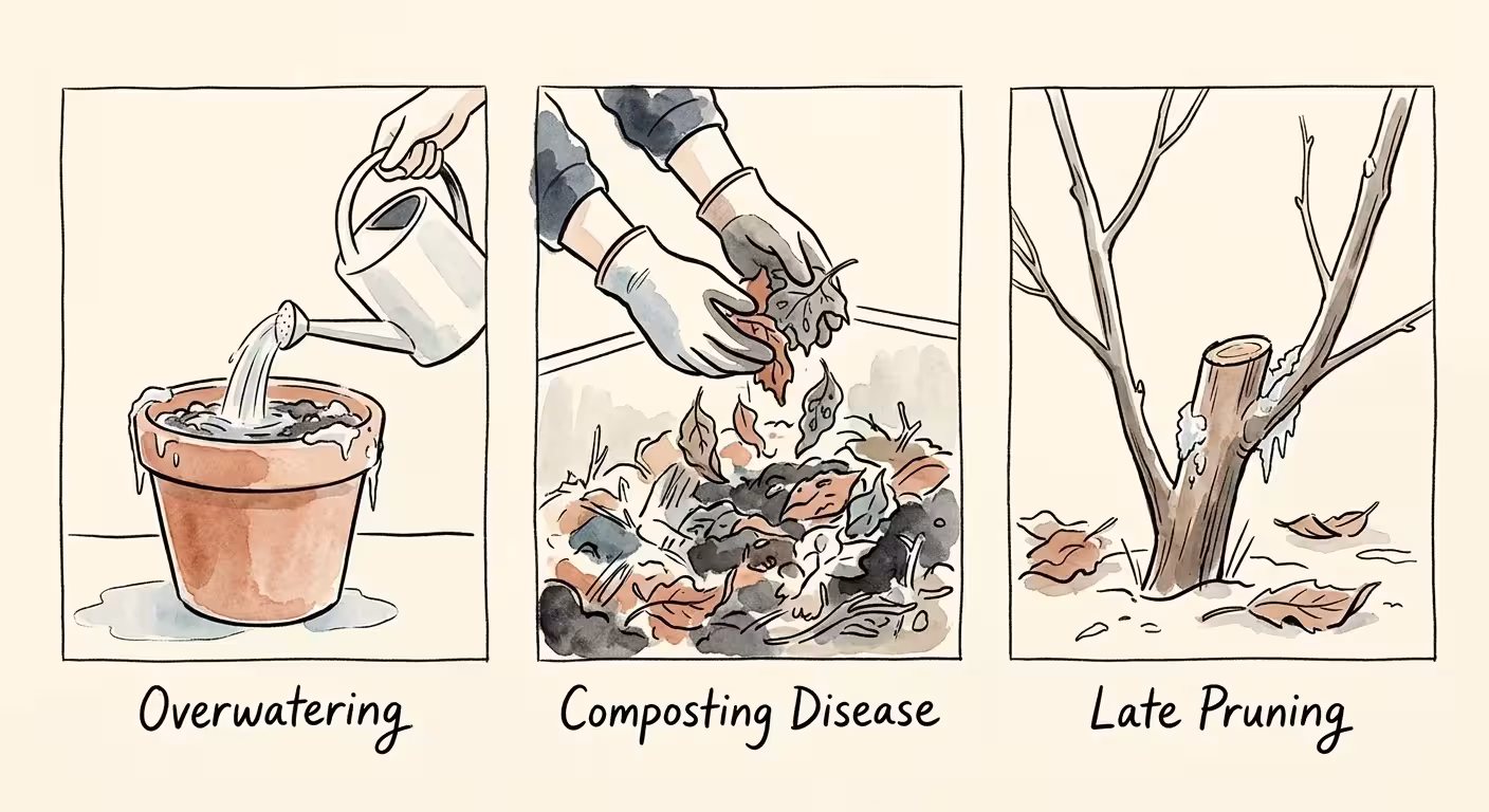 Multi-panel watercolor illustration showing common gardening mistakes like overwatering frozen pots and composting diseased leaves.