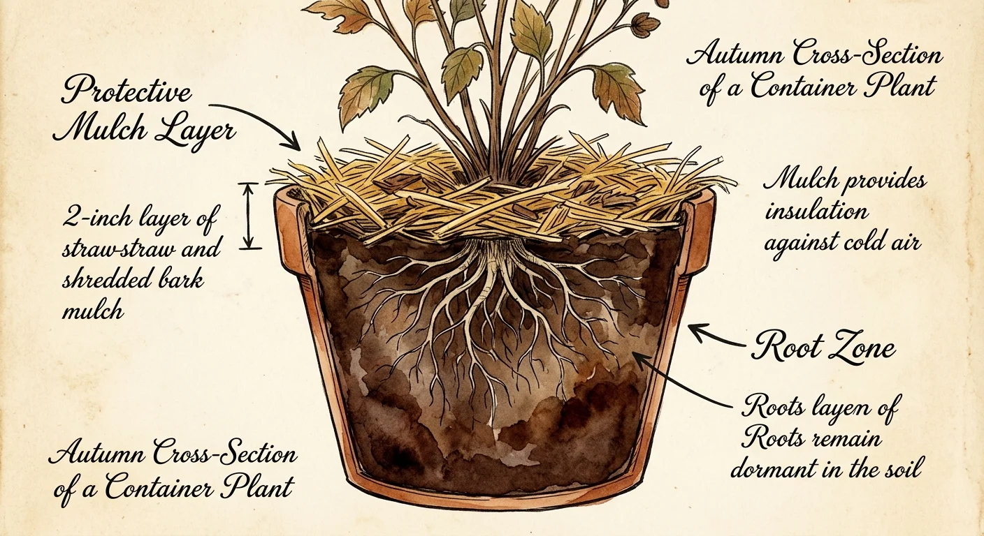 Watercolor cross-section of a potted plant showing a protective layer of golden straw mulch insulating the roots.