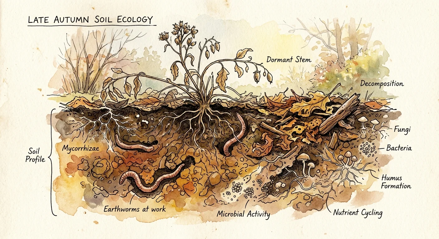 Watercolor cutaway illustration of autumn soil, showing active earthworms and microbes breaking down organic matter.
