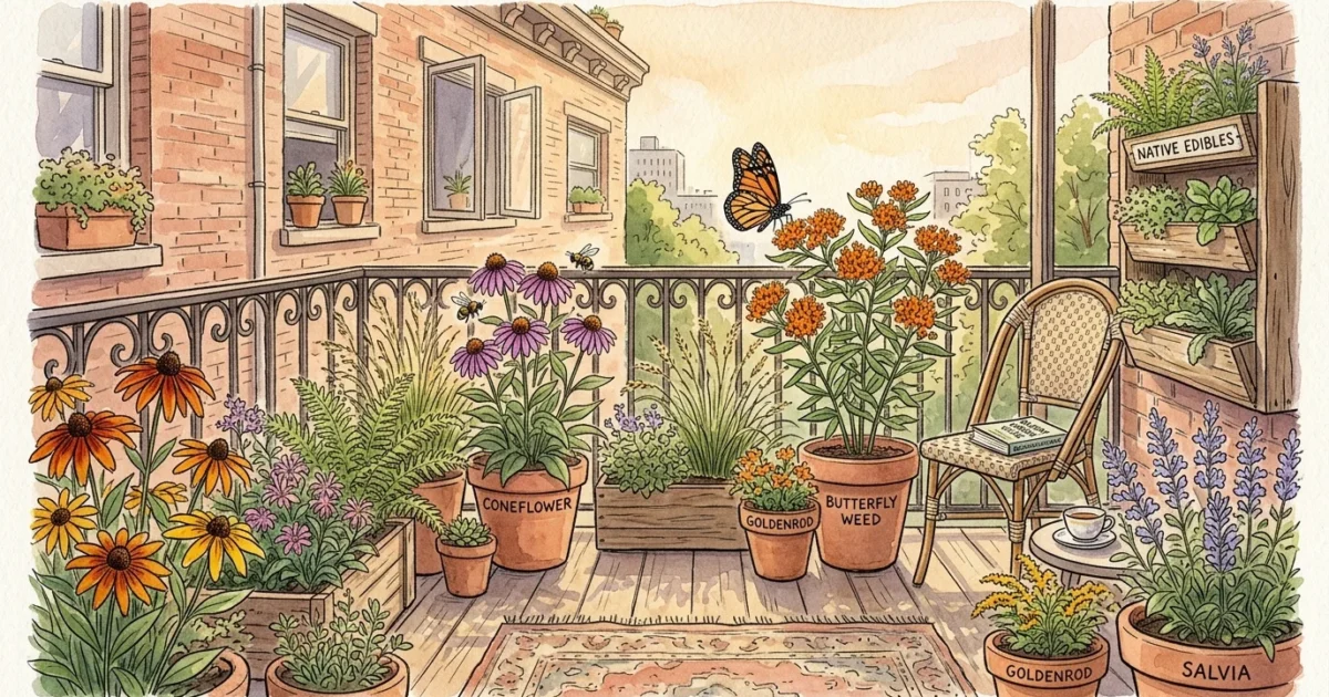 Watercolor illustration of a sunny apartment balcony filled with vibrant native potted flowers, attracting bees and butterflies.