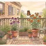 Watercolor illustration of a sunny apartment balcony filled with vibrant native potted flowers, attracting bees and butterflies.
