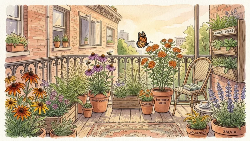 Watercolor illustration of a sunny apartment balcony filled with vibrant native potted flowers, attracting bees and butterflies.