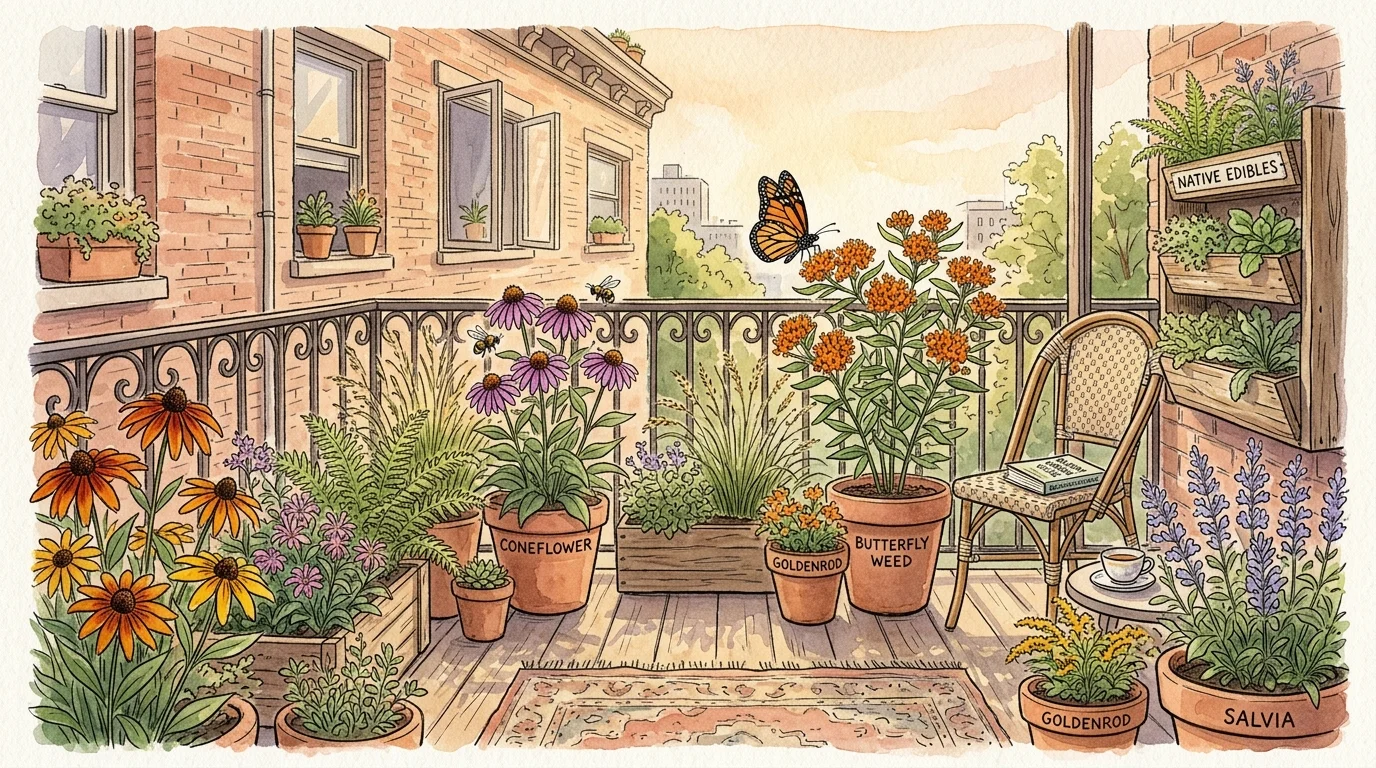 Watercolor illustration of a sunny apartment balcony filled with vibrant native potted flowers, attracting bees and butterflies.