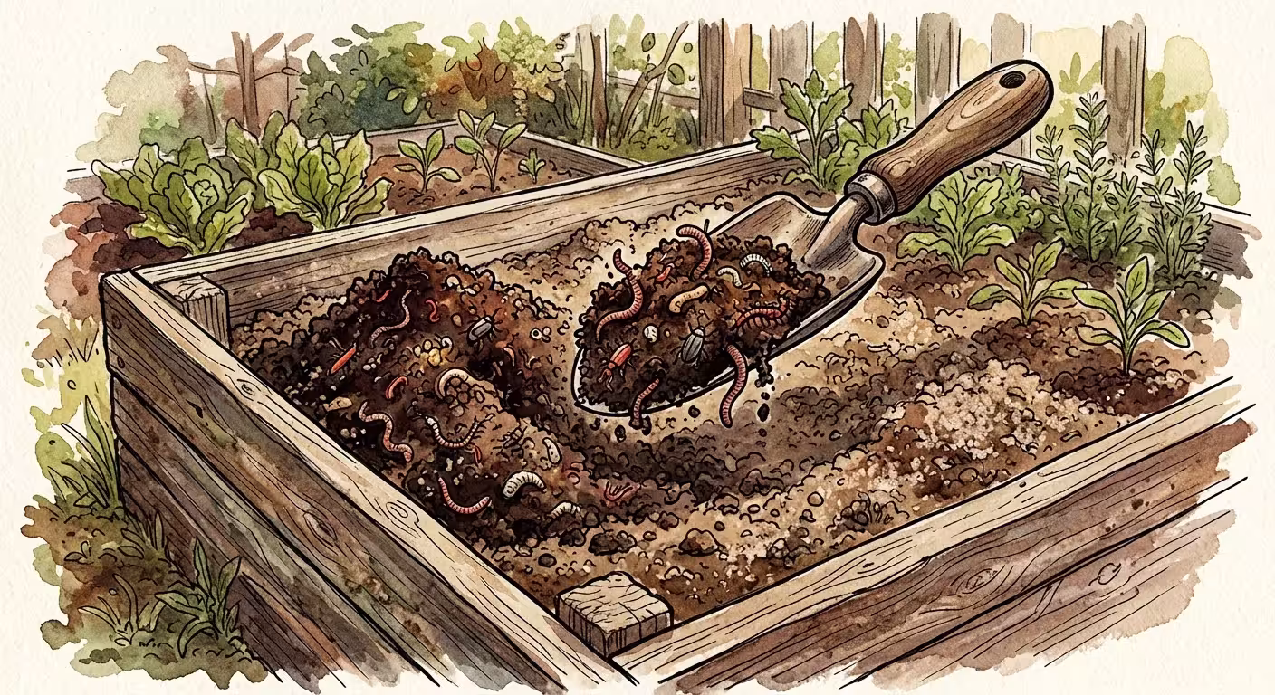 Watercolor illustration of rich, dark organic compost being turned into a wooden raised garden bed with a trowel.